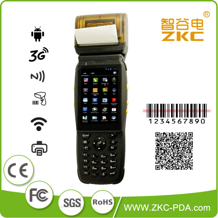 1d 2D Laser Barcode Scanner WCDMA GSM Handheld Printer Zkc3502